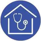 LevelUp house with a stethoscope icon on a blue background.