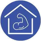 LevelUp blue house with a white outline of a flexed muscular forearm in the centre.