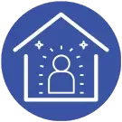 LevelUp blue house icon with a person inside, representing a cosy home with a friendly occupant.