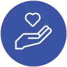 LevelUp symbolic blue circle with a white heart and hand icons representing care.