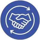 LevelUp blue and white icon with two hands shaking, symbolising partnership and agreement.